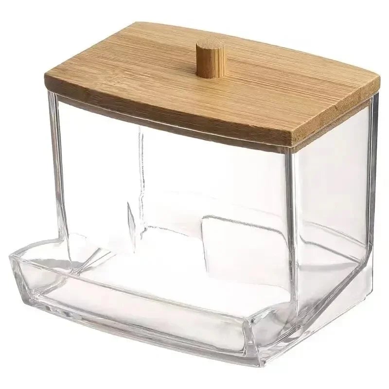 Transparent Cotton Swab Storage Box with Bamboo Lid Double Organizer