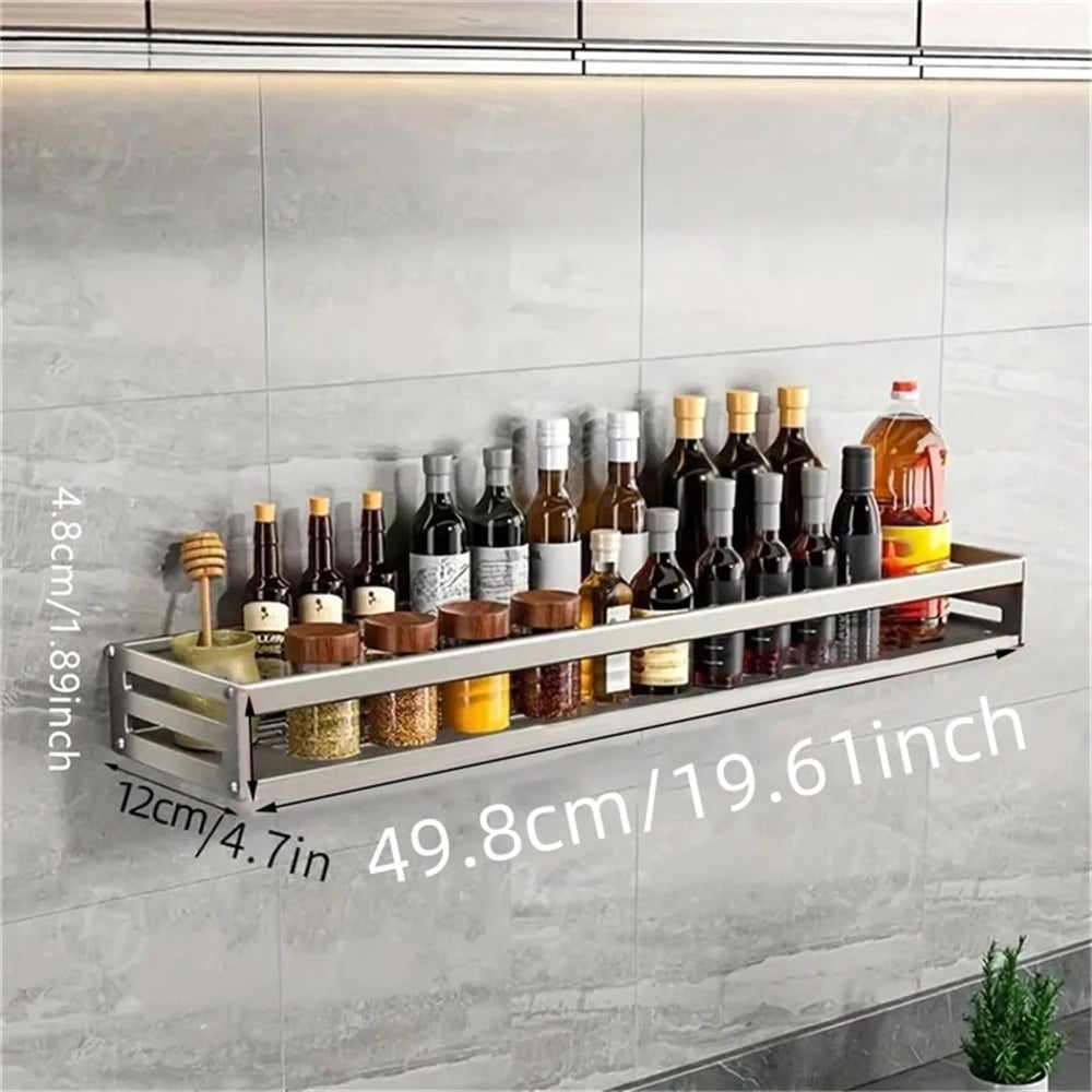 Aluminum Wall-Mounted Spice Rack with Hooks - Kitchen Storage Shelf