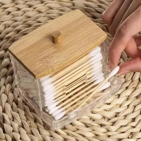 Transparent Cotton Swab Storage Box with Bamboo Lid Double Organizer
