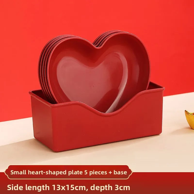 Red Heart Shaped Plates Set - Wedding Festival Cake Snack Serving