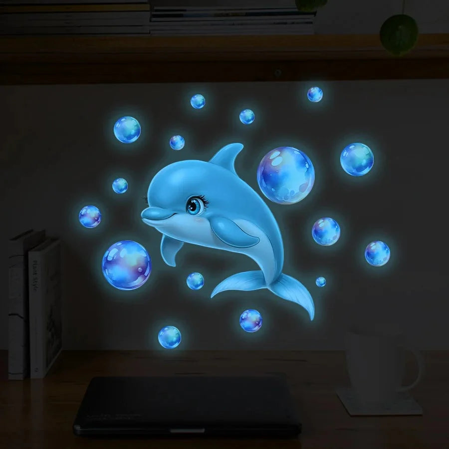 Glow in the dark dolphin ocean wall decals for a kids room
