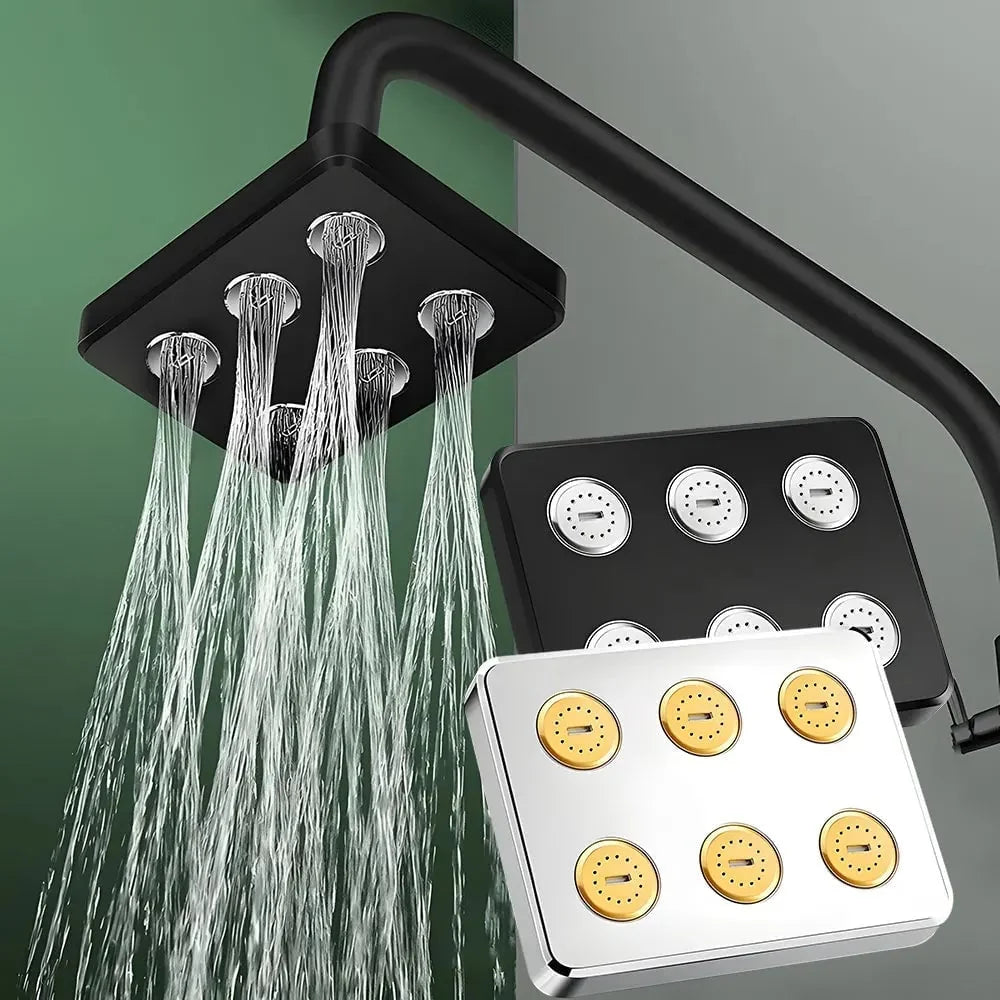 Pressurised 360 degree rain shower head with mini-surround spray face mounted in a bathroom