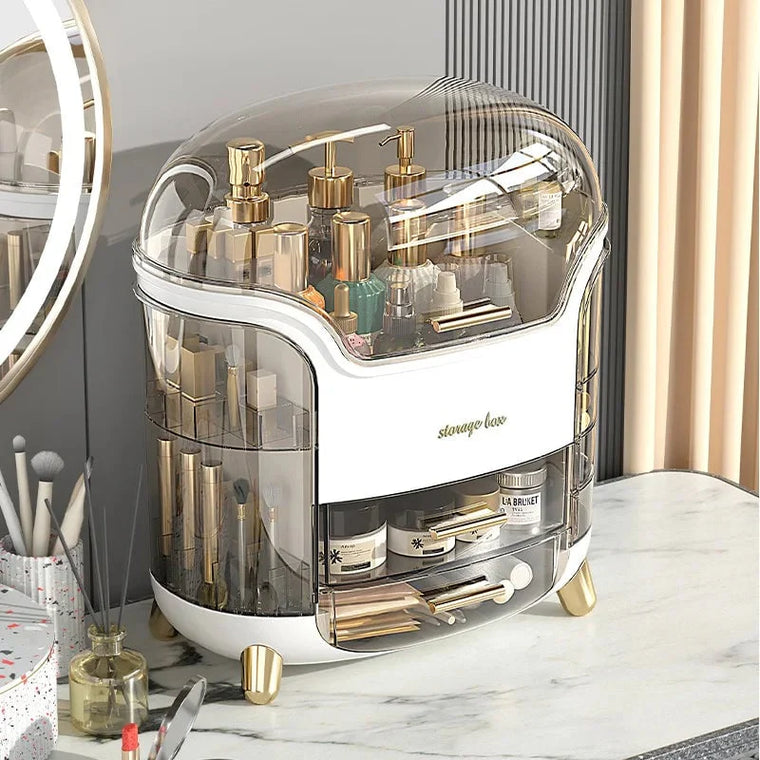 Waterproof makeup organiser with lid and drawers for countertop storage
