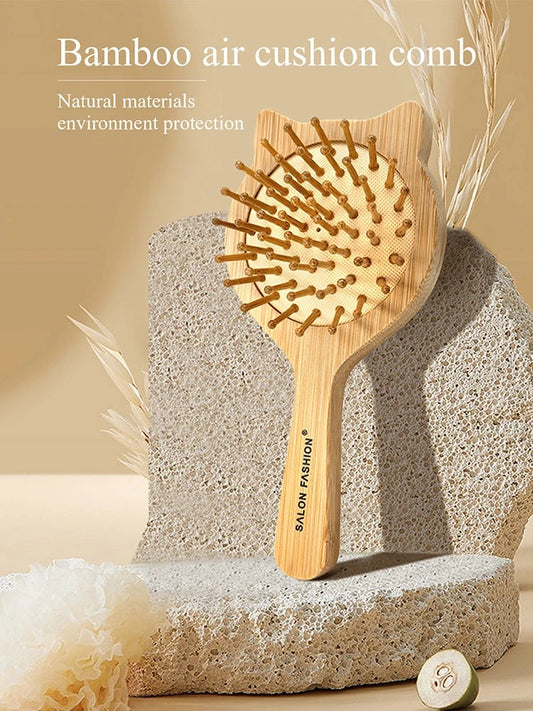 Bamboo Hair Brush Anti-Static Wooden Comb Air Cushion Detangler