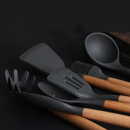 Non-Stick Silicone Kitchen Utensil Set with Wooden Handles