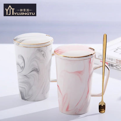 12oz Self Stirring Coffee Mug with Lid Filter Marble Design Spoon