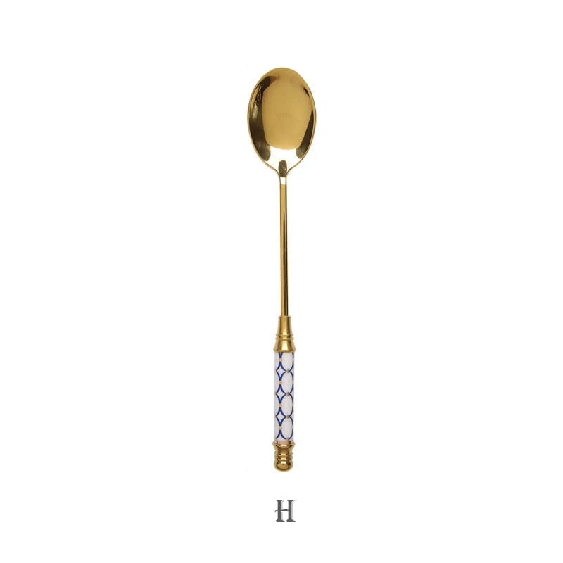 Stainless Steel Long Handle Dessert Spoon with Ceramic Gold Finish