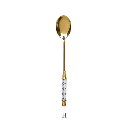 Stainless Steel Long Handle Dessert Spoon with Ceramic Gold Finish