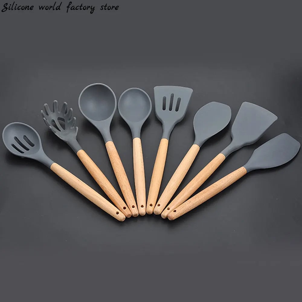 Non-Stick Silicone Kitchen Utensil Set with Wooden Handles