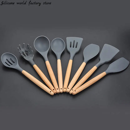 Non-Stick Silicone Kitchen Utensil Set with Wooden Handles