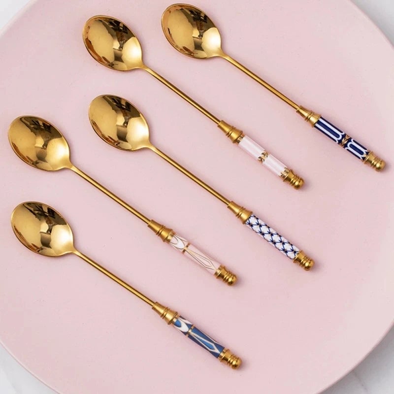 Stainless Steel Long Handle Dessert Spoon with Ceramic Gold Finish