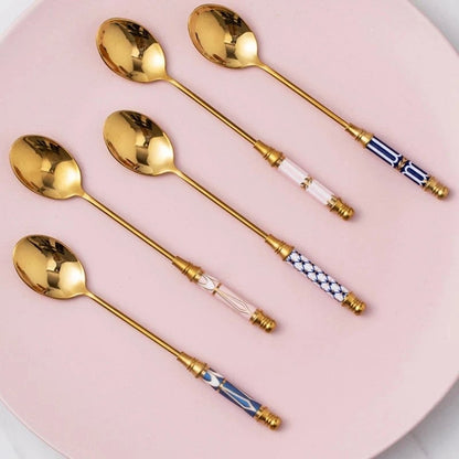 Stainless Steel Long Handle Dessert Spoon with Ceramic Gold Finish