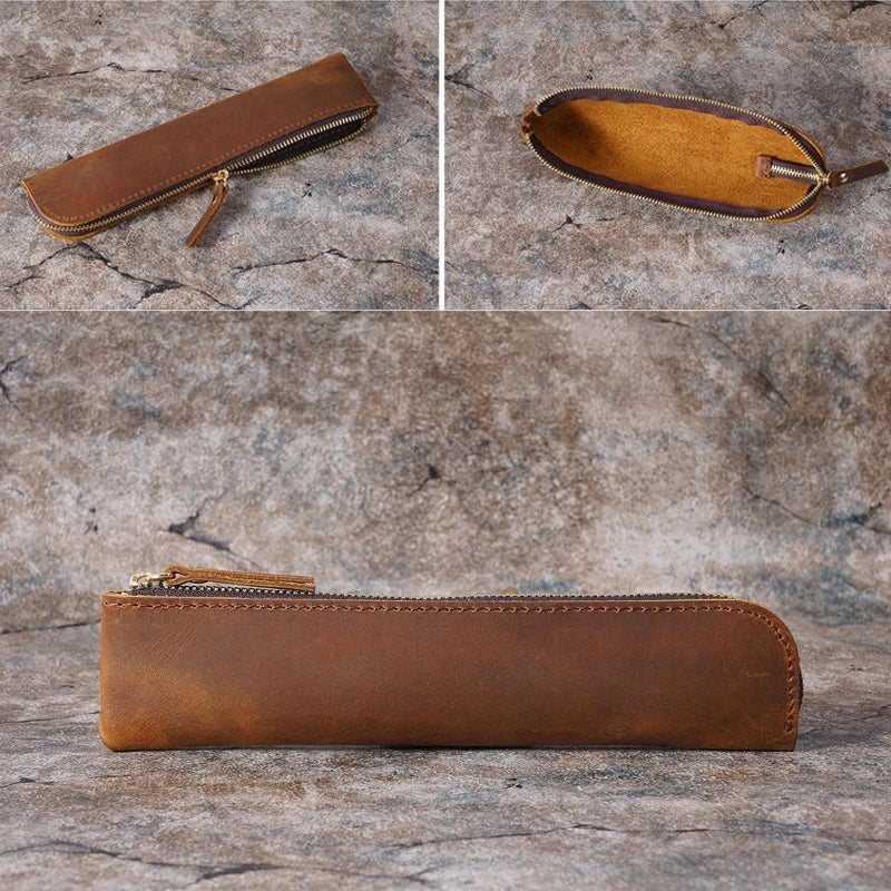 Genuine Cowhide Leather Pencil Case - Portable Retro Pen Storage