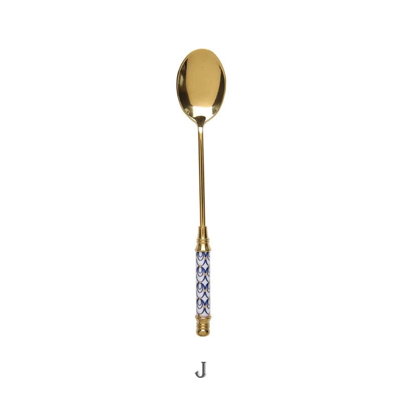 Stainless Steel Long Handle Dessert Spoon with Ceramic Gold Finish