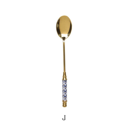 Stainless Steel Long Handle Dessert Spoon with Ceramic Gold Finish