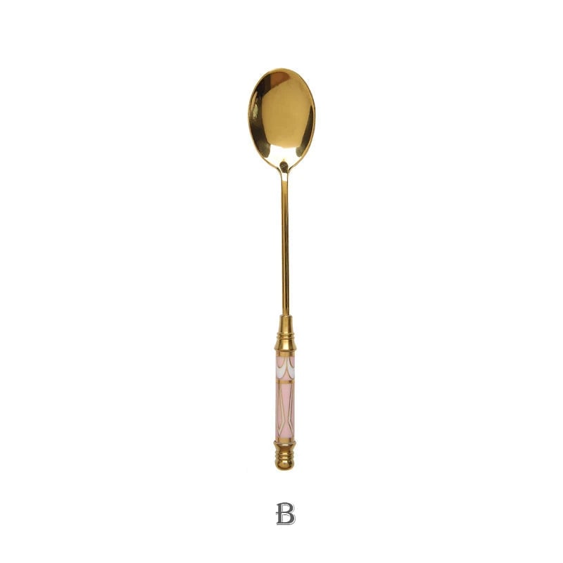 Stainless Steel Long Handle Dessert Spoon with Ceramic Gold Finish