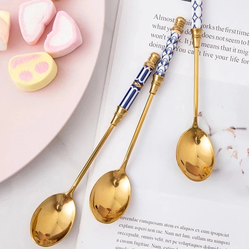 Stainless Steel Long Handle Dessert Spoon with Ceramic Gold Finish