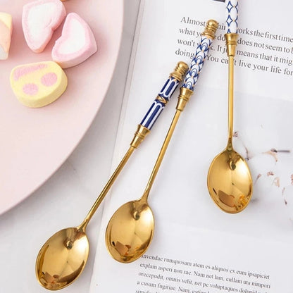 Stainless Steel Long Handle Dessert Spoon with Ceramic Gold Finish