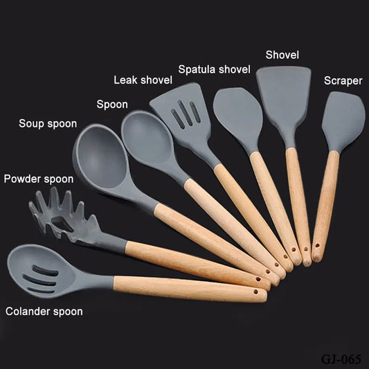 Non-Stick Silicone Kitchen Utensil Set with Wooden Handles