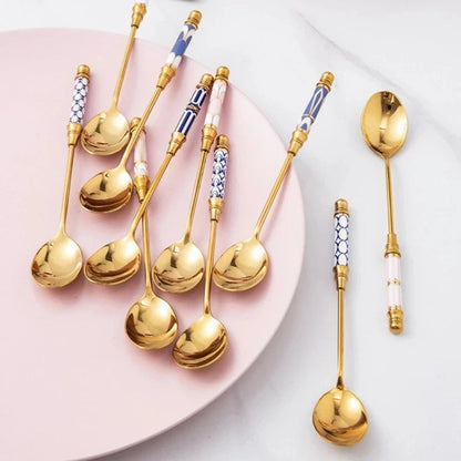 Stainless Steel Long Handle Dessert Spoon with Ceramic Gold Finish