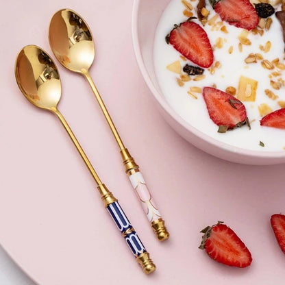 Stainless Steel Long Handle Dessert Spoon with Ceramic Gold Finish