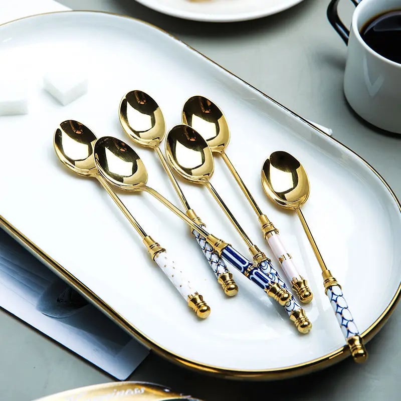 Stainless Steel Long Handle Dessert Spoon with Ceramic Gold Finish