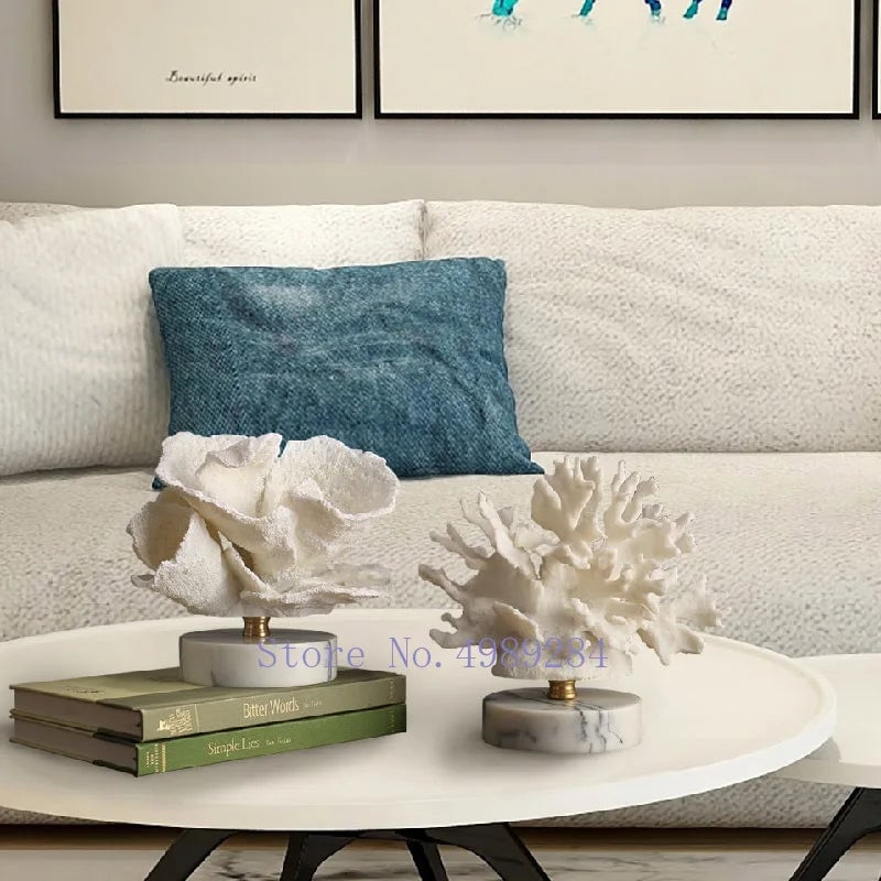 Artificial Coral Resin Sculpture White Marble Base Home Decor