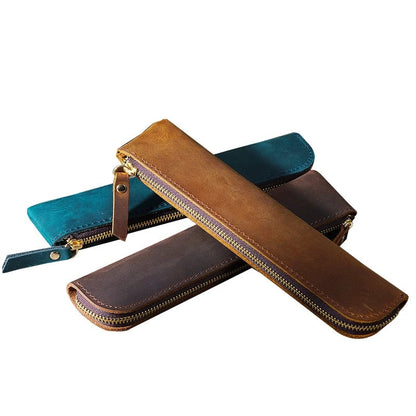Genuine Cowhide Leather Pencil Case - Portable Retro Pen Storage