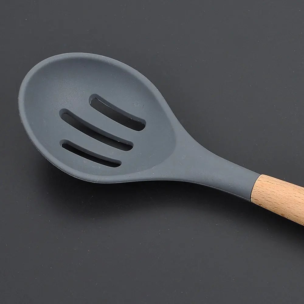 Non-Stick Silicone Kitchen Utensil Set with Wooden Handles