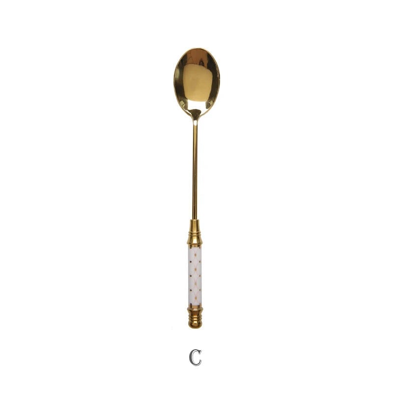 Stainless Steel Long Handle Dessert Spoon with Ceramic Gold Finish