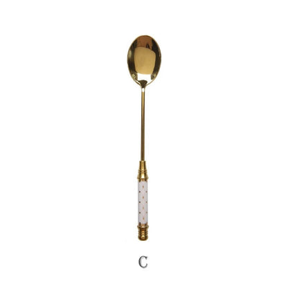Stainless Steel Long Handle Dessert Spoon with Ceramic Gold Finish