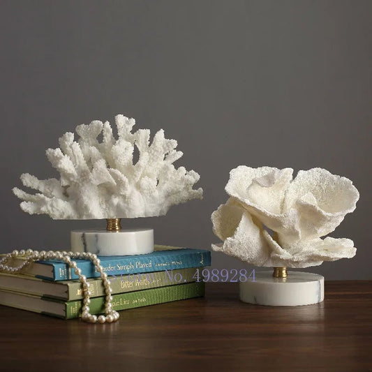 Artificial Coral Resin Sculpture White Marble Base Home Decor