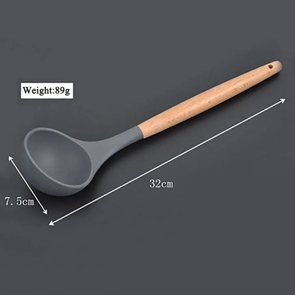 Non-Stick Silicone Kitchen Utensil Set with Wooden Handles