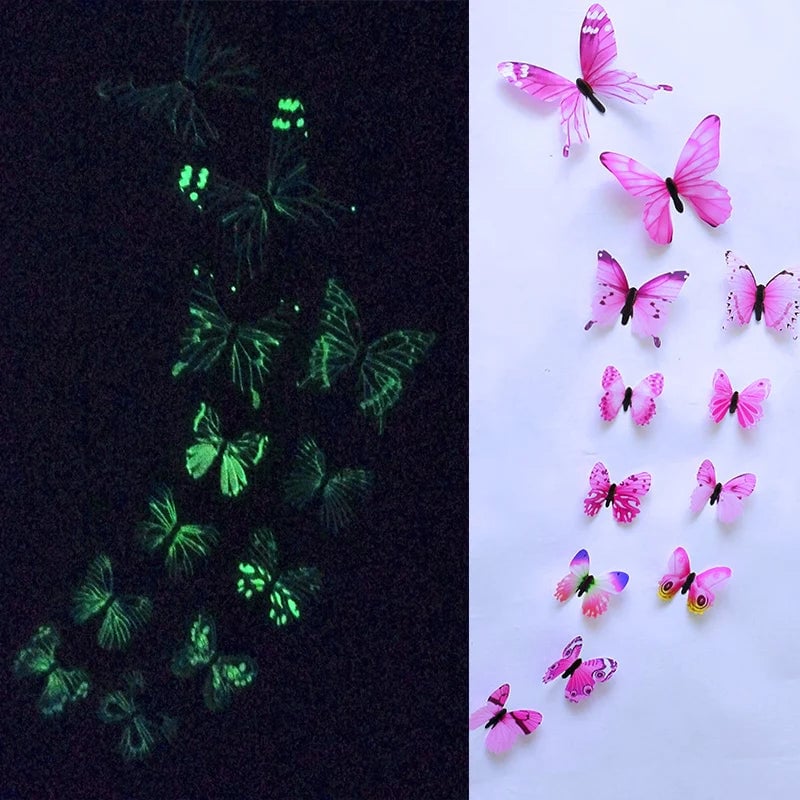 12Pcs 3D Luminous Butterfly Wall Stickers Glow-in-Dark Home Decals
