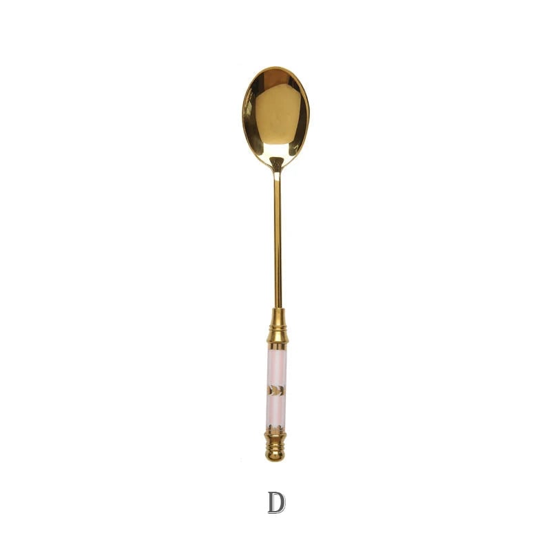 Stainless Steel Long Handle Dessert Spoon with Ceramic Gold Finish