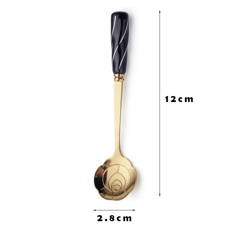 Stainless Steel Long Handle Dessert Spoon with Ceramic Gold Finish