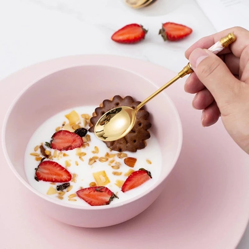 Stainless Steel Long Handle Dessert Spoon with Ceramic Gold Finish
