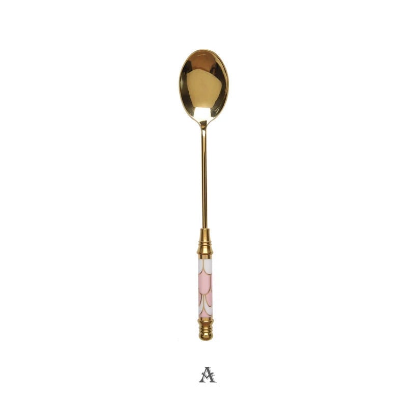 Stainless Steel Long Handle Dessert Spoon with Ceramic Gold Finish