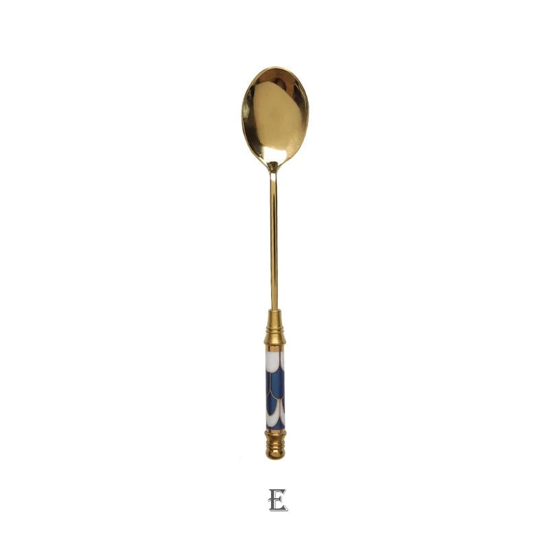Stainless Steel Long Handle Dessert Spoon with Ceramic Gold Finish