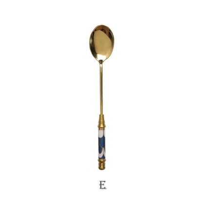 Stainless Steel Long Handle Dessert Spoon with Ceramic Gold Finish