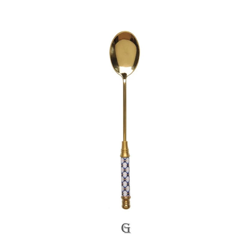 Stainless Steel Long Handle Dessert Spoon with Ceramic Gold Finish