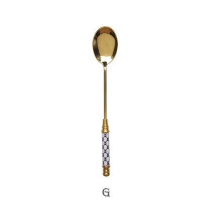 Stainless Steel Long Handle Dessert Spoon with Ceramic Gold Finish