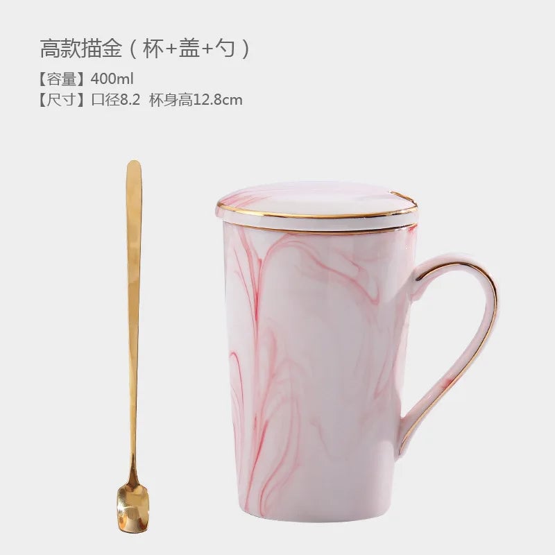 12oz Self Stirring Coffee Mug with Lid Filter Marble Design Spoon