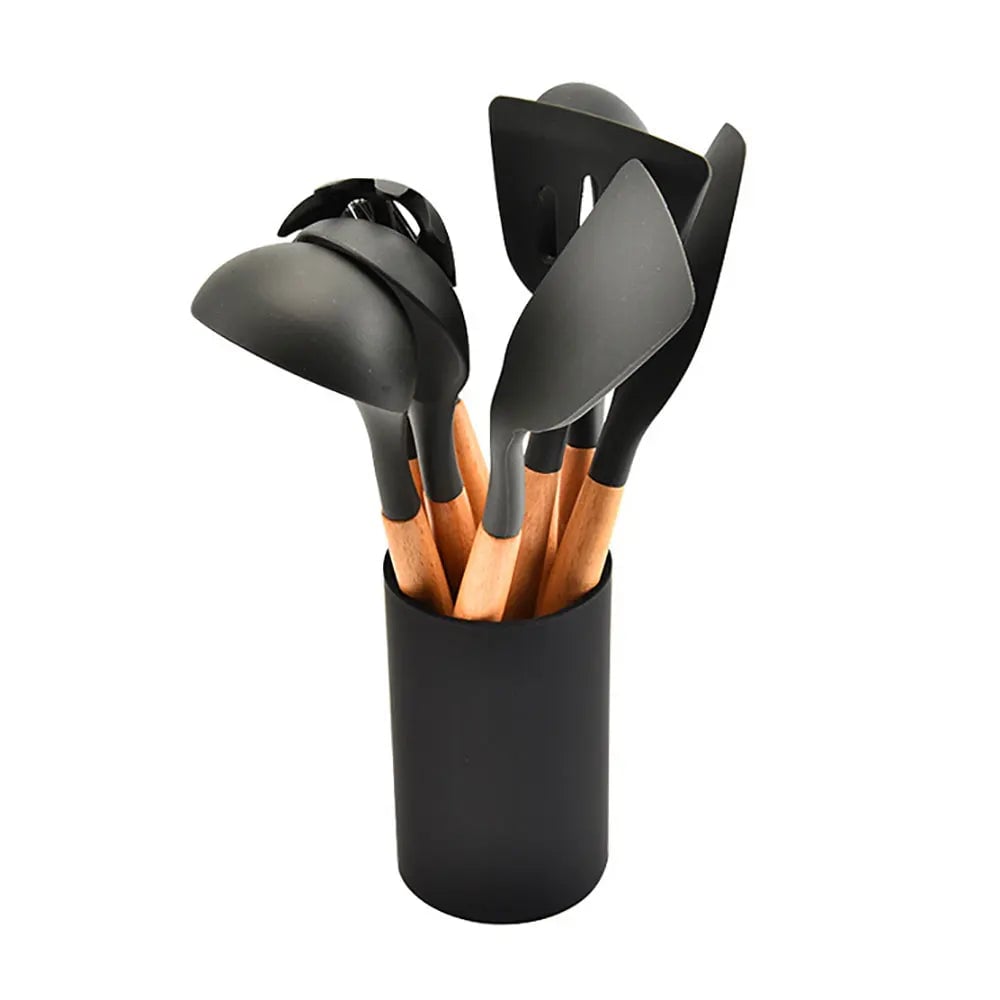 Non-Stick Silicone Kitchen Utensil Set with Wooden Handles