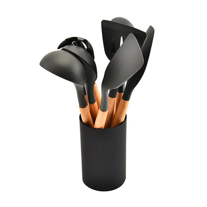 Non-Stick Silicone Kitchen Utensil Set with Wooden Handles