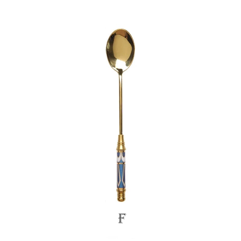 Stainless Steel Long Handle Dessert Spoon with Ceramic Gold Finish