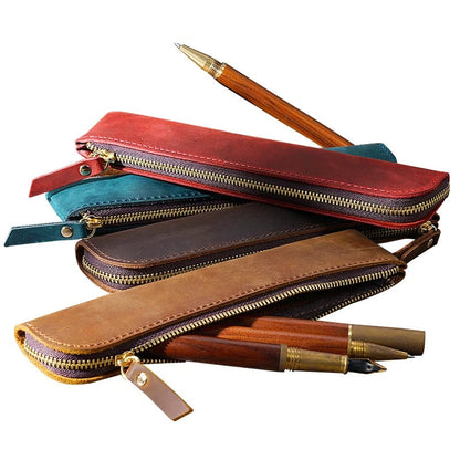 Genuine Cowhide Leather Pencil Case - Portable Retro Pen Storage
