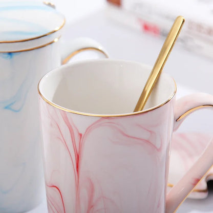 12oz Self Stirring Coffee Mug with Lid Filter Marble Design Spoon
