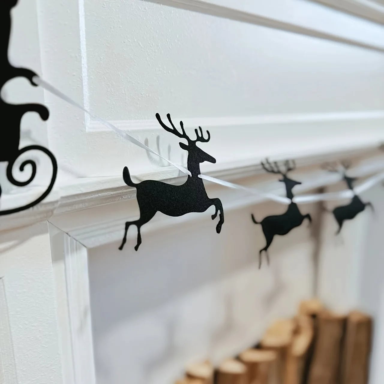 Black Felt Christmas Garland Reindeer Santa Sleigh Fireplace Decor