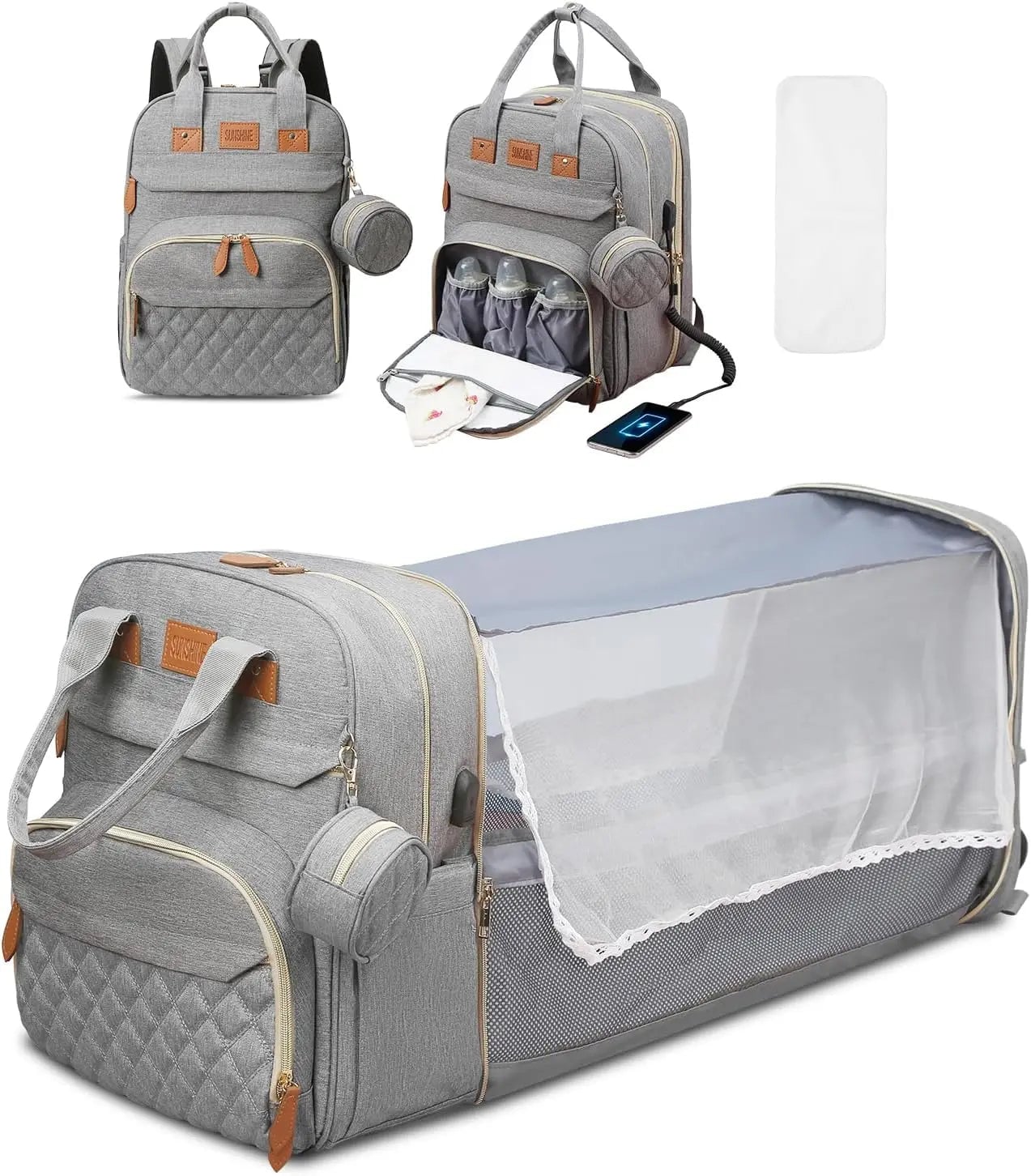 3-in-1 Diaper Bag Backpack with Foldable Baby Bed & USB Charging